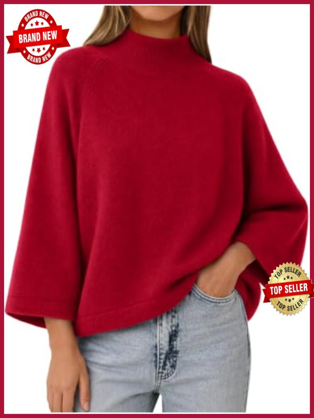 Womens 3/4 Bell Sleeve Oversized Mock Neck Sweater Pullover Knit